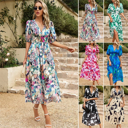 🔥Elegant talie V gât imprimate rochie