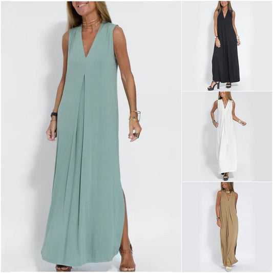 🔥👗Fără mâneci Deep V-neck vrac rochie lungă
