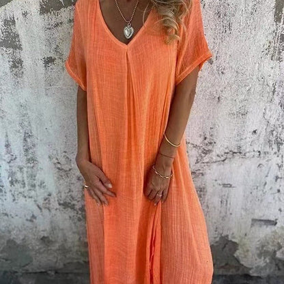 🔥 Rochie Midi Casual din Bumbac și In cu Guler în V-🌹Obțineți un colier Moonstar gratuit🌹