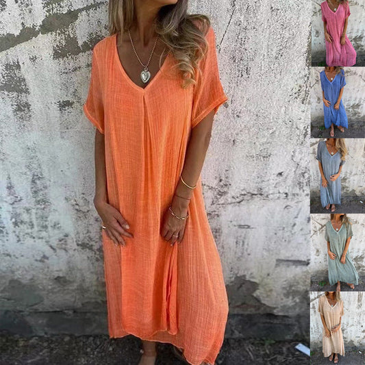 🔥 Rochie Midi Casual din Bumbac și In cu Guler în V-🌹Obțineți un colier Moonstar gratuit🌹