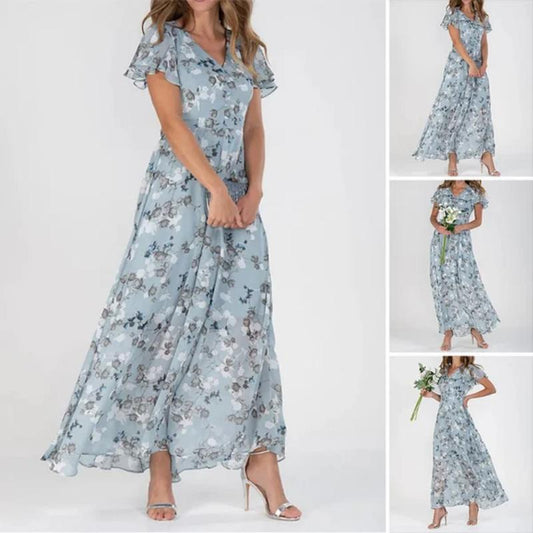 🌊 Rochie maxi cu mânecă scurtă imprimată cu flori
