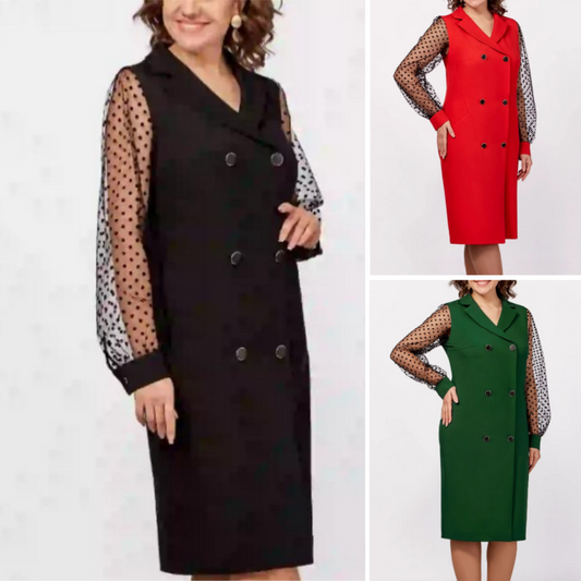 【S-4XL】💖Rochie de modă pentru femei cu guler blazer și mâneci cu buline