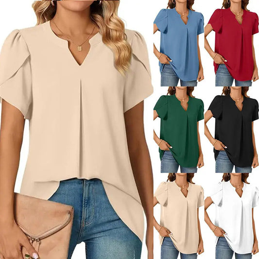 ✨👚🎀Femeii V-Neck culoare solidă cu mânecă scurtă Top🌸🥰💖