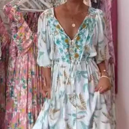 Rochie maxi la modă pentru femei cu curea și decolteu ascuțit