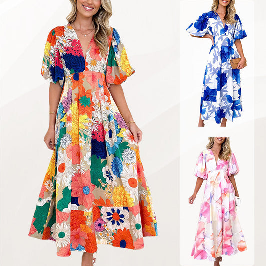Rochie maxi cu mâneci bufante florale