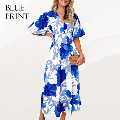 Rochie maxi cu mâneci bufante florale