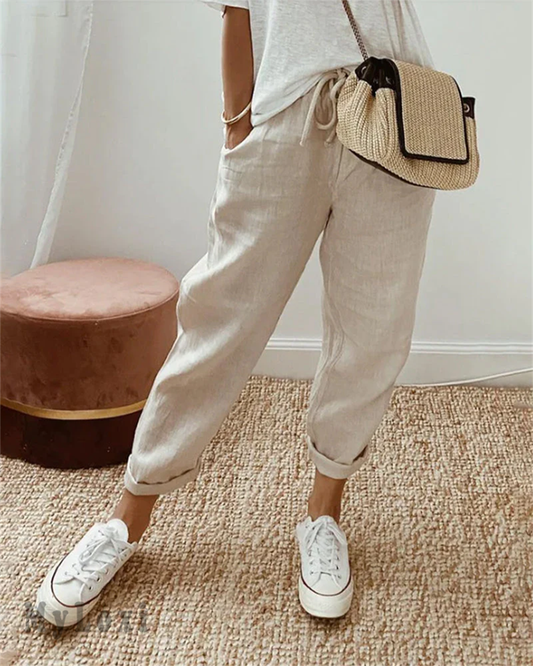 Pantaloni casual din bumbac și in pentru femei