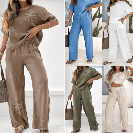 👗 Top de culoare solidă și costum din două piese cu picioare largi