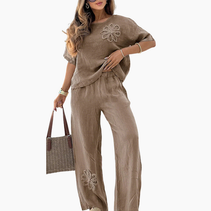👗 Top de culoare solidă și costum din două piese cu picioare largi