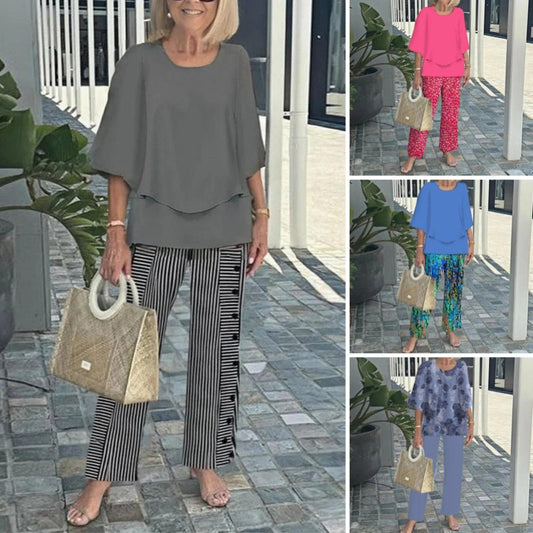 🌸Femeii Casual gât rotund jumătate maneca Top imprimate pantaloni Set