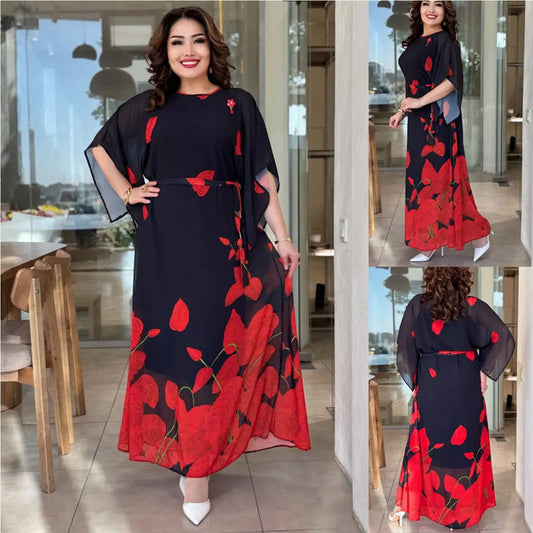 👗 Rochie Flutter cu Gât Rotund & Centură 🌸 | Imprimat Floral | Siluetă Reglabilă