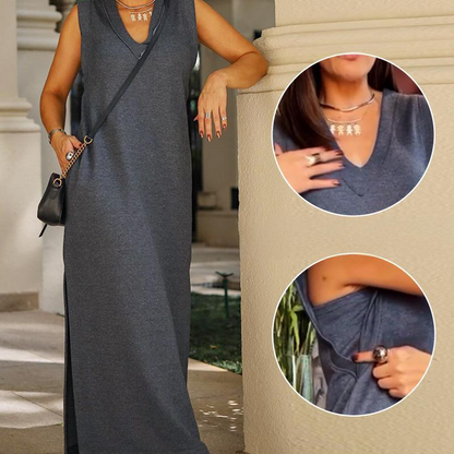 Femei V-Neck fără mâneci Split Maxi rochie