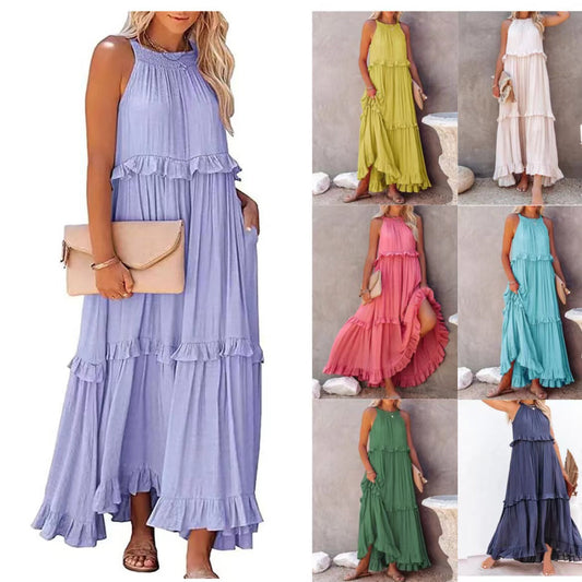 Rochie de vară fără mâneci, fără bretele, pentru femei, cu volane pe spate