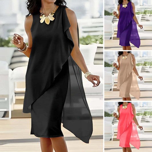 Rochie elegantă fără mâneci cu gât rotund și plasă asimetrică