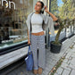 Pantaloni cu dungi largi și casual cu talie joasă