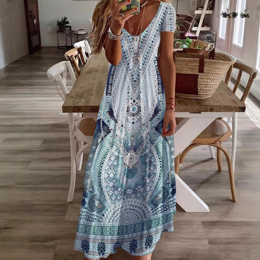Women's Floral Printed V-Neck Short Sleeve Dress