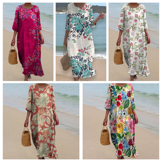 Rochie cu imprimeu floral și guler rotund, cu mâneci 3/4