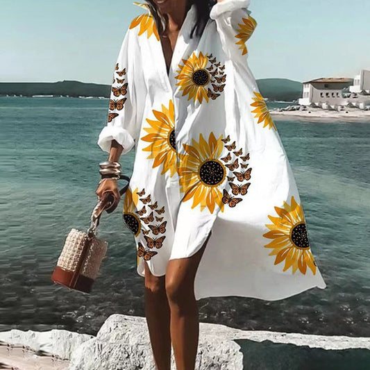 Rochie cămașă lejeră cu mâneci lungi și imprimeu casual
