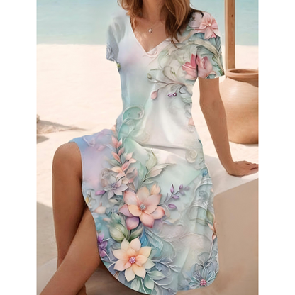 Rochie elegantă cu imprimeu 3D, decolteu în V și mâneci scurte