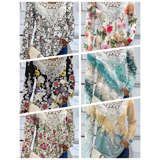 Bluză cu mâneci lungi din dantelă imprimată și patchwork