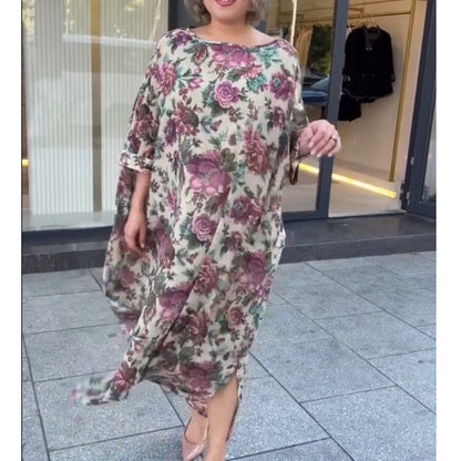 Rochie fluidă cu imprimeu floral și guler rotund