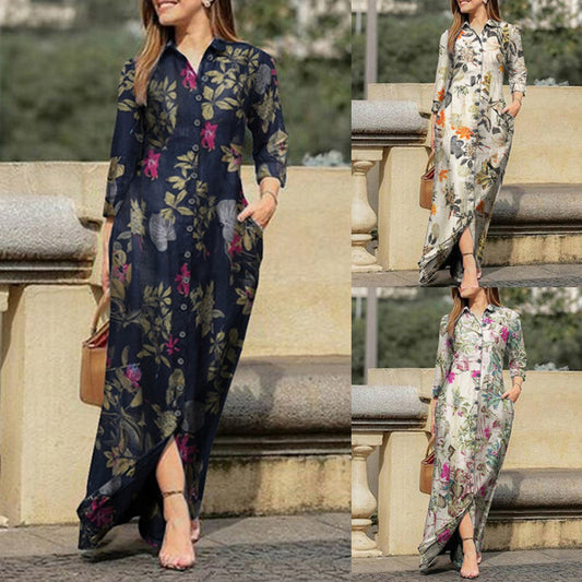 Rochii casual de vacanță pentru femei cu guler tip rever, mâneci lungi și imprimeu floral