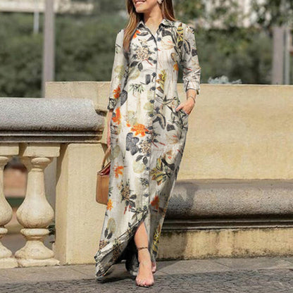 Rochii casual de vacanță pentru femei cu guler tip rever, mâneci lungi și imprimeu floral