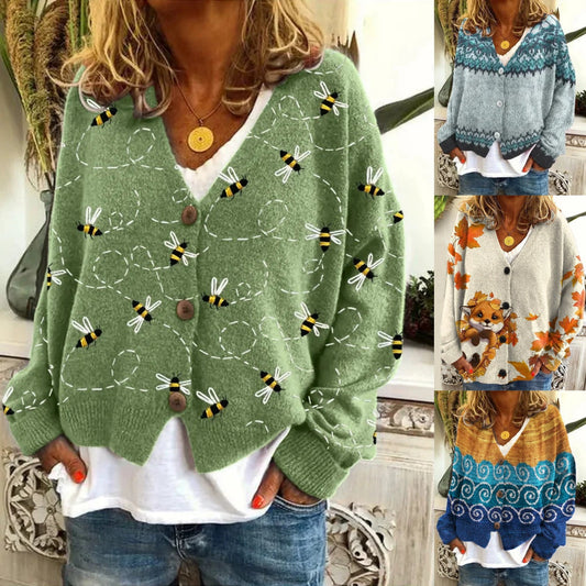 Cardigan din tricot cu nasturi și imprimeu pentru femei